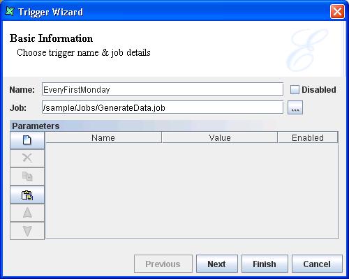Cookbook 3. In the Trigger Wizard, enter a unique name for the trigger and select the job to be run as seen in Figure 5.4, Trigger Wizard.