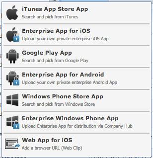 You might not see option to add Enterprise Windows Phone App if the AET is not uploaded. 5. Configure the settings for ios apps. For more information, see the Options for ios apps.