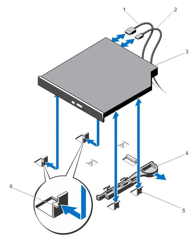 Figure 26. Removing and Installing the Optical Drive (Cabled Hard-Drive Systems) 1. data cable 2. power cable 3. optical drive 4. release latch 5. metal standoffs (4) 6.