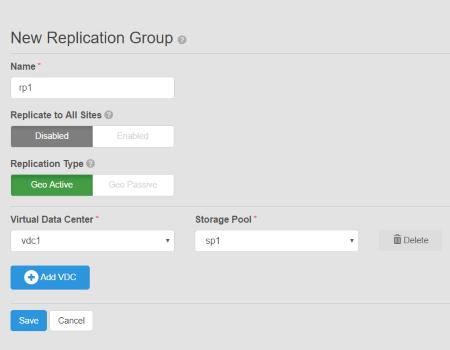Storage Pools, VDCs, and Replication Groups b. From the Storage Pool list, select the storage pool that belongs to the selected VDC. c. To include other sites in the replication group, click Add VDC.
