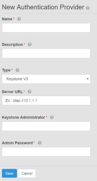 Authentication Providers 4. Type values in the Name, Description, Server URL, Keystone Administrator, and Admin Password fields.