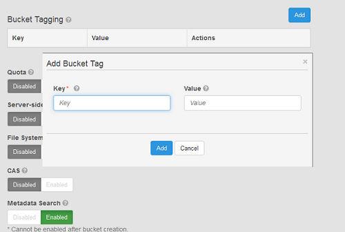 Buckets Bucket tagging You can assign tags to a bucket to enable the object data in the bucket to be categorized. Using tags, you can associate a bucket with a cost-center or project, for example.