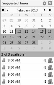 Suggested Times Pane In addition to the Scheduler, the Suggested Times pane will assist users in scheduling meetings by displaying all the meeting attendees availability in 30-minute time slots.
