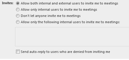 Setting Invitation Permissions By default, all internal and external users are able to invite you to a meeting.
