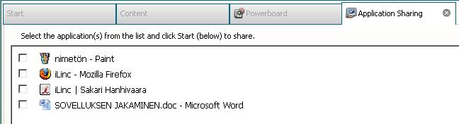Select the shared application from the "Application Sharing" -tab, by checking it in the list. Then click the green - icon at the bottom of the page to start sharing.