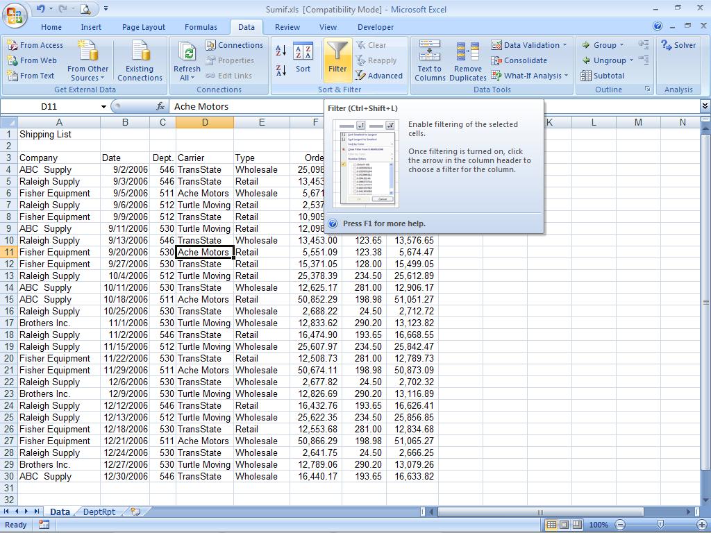 USING FILTER DISPLAYS ONLY SELECTED DATA You can use Filter to show only select lines of data from a list.