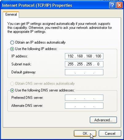 Therefore, in this example, we assign an IP address of 192.168.168.100 and subnet mask as 255.255.255.0. 5.