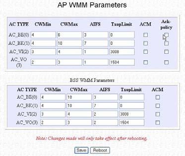 Chapter 4 Common Configuration Depending on the mode you set up, you have to select either AP (Access Point) or BSS ( Basic Service Set) WMM Parameters.