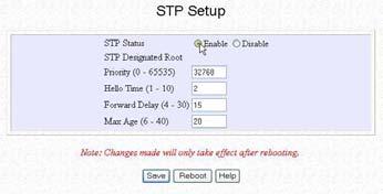 Chapter 4 Common Configuration Enabling STP Setup Click on STP Setup from the CONFIGURATION menu Select Enable from the STP Status radio button.