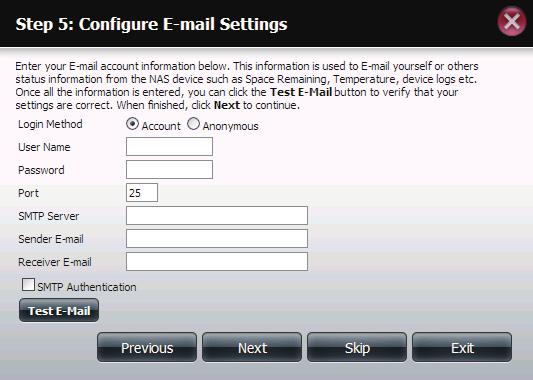 Select Account to be able to enter your e-mail parameters in the boxes below to. The e-mail account will then receive Event Alerts from the ShareCenter Click Next to continue.