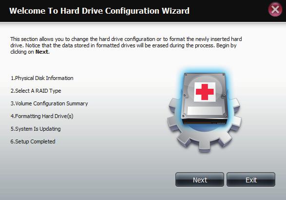Hard Drive Configuration Wizard When you click on the Set RAID type and Re-Format button in the Disk Management-Hard Drive Configuration menu a wizard will execute