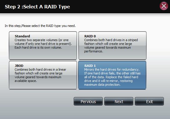 Select the RAID format desired by clicking on the RAID type box to highlight it in blue. In this example the maximum data protection option of RAID 1 is selected. Click Next to continue.