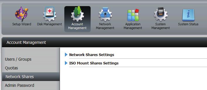 Network Shares The Network Shares page allows the user to configure shared folders and rights to specific users and groups.