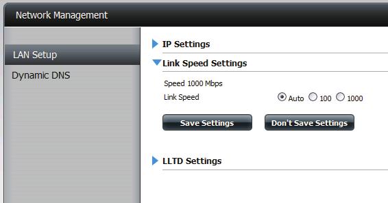 Link Speed and LLTD Settings Speed Displays the current ethernet bit rate in Mega bits per second.