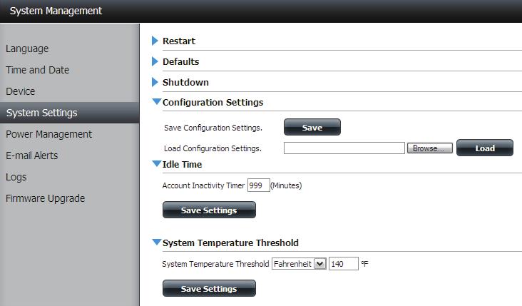 Configuration Idle Time System Temperature Threshold Click on the Save button to save the current configuration settings to a file on the local computer.