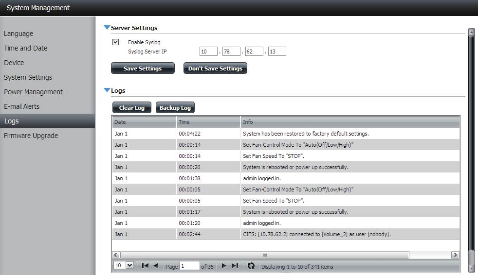Logs Within the Logs menu item you can setup your ShareCenter to receive Log Events from other ShareCenters or send the ShareCenter s log events to another ShareCenter or SysLog server.