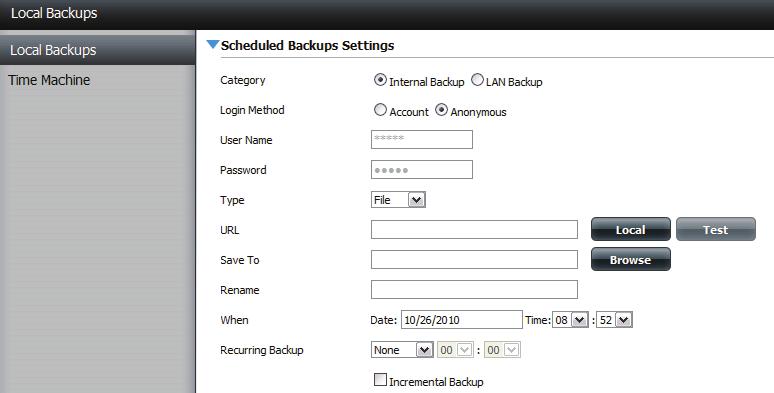 Local Backups Schedule local file and folder backups from the local network share of the device or from the local computer. Always test the URL before applying changes.