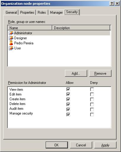 Figure 18 Security settings for a node To add a user, group or security role to the group of entities that has permissions over nodes: 1. Click on the Add button.