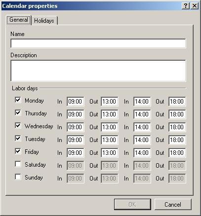 The calendar properties window has two tabs: Figure 41 Calendar definition The first tab, General, shows the following properties: Name: the calendar s descriptive name.