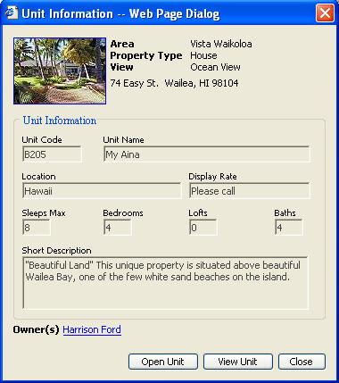 Unit Quick Info From the Reservation Grid Right click on the Unit Code or the Unit Name Select Quick Info from the drop down menu In the Unit Information window, you can view basic information about