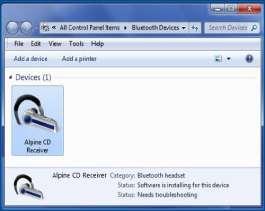 Tee topeltklikk "Alpine CD Receiver" peal "Devices and Printers" aknas ning avaneb he Bluetooth