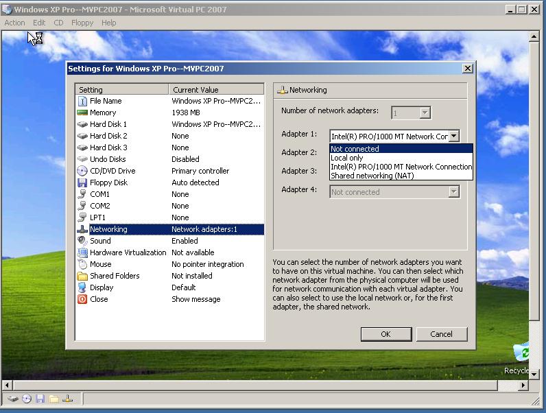 The drop-down list lets you select which virtual network to connect the virtual network adapter to.