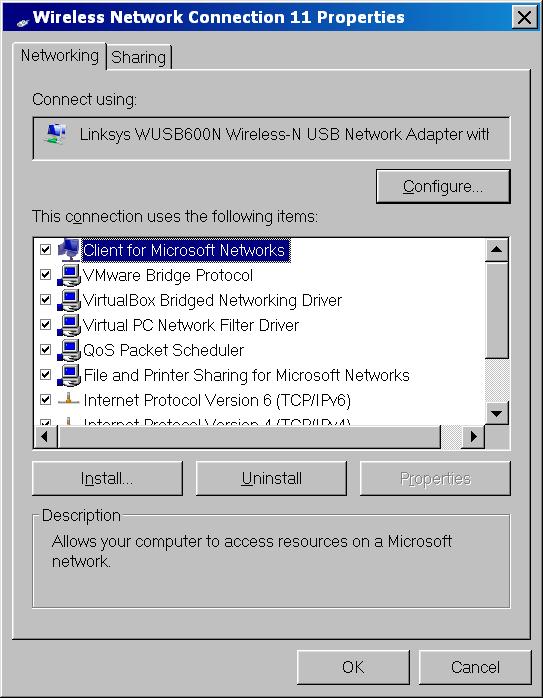 VIEW OF THE "BRIDGED BRIDGE" FROM THE "NETWORK ADAPTER" SCREENS OF THE HOST COMPUTER: The "TEE" connection between the virtual "Bridged" bridge and the physical network adapter is