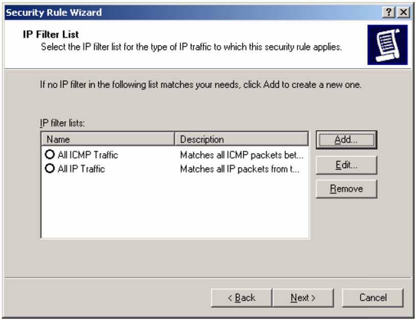 Configuring IPSec on your CallPilot server 149 11 In the Name box, type All ELAN IP Traffic 12 In the Description text box, type your description 13 In the IP Filter List dialog box, click Add The IP