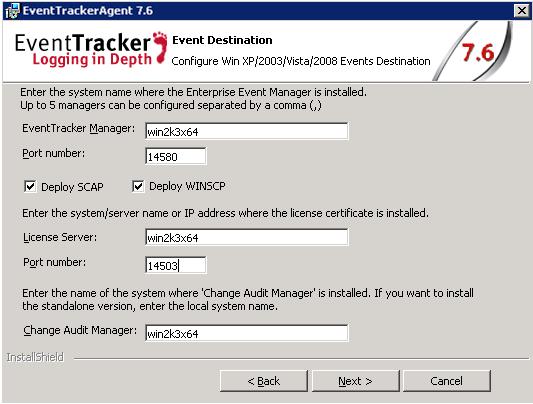 Procedure to install with Agent.ini file m) Enter EventTracker Manager: (Ex. Win2k3x64), Port number: (Ex. 14505 to 14595). n) Select Deploy SCAP/Deploy WINSCP option as per the requirement.