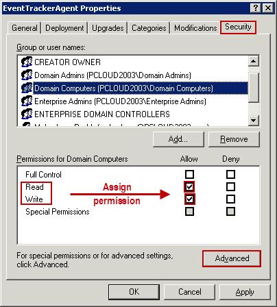 12. In EventTrackerAgent Properties pane, select Read and Write permissions. Select the Advanced button. Refer Figure 128.
