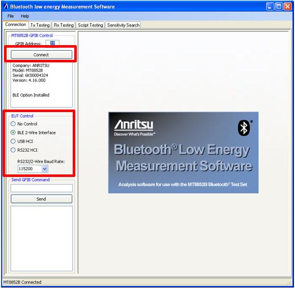 Testing can be carried on at the Upper Tester interface, normally through PC software, as shown in the example using Anritsu MT8852B as the Bluetooth tester (Figure 4.