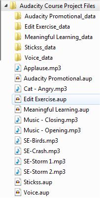 Audacity also creates a folder named with the project name followed by the word _data. The _data folder is where the audio is saved as.au files.