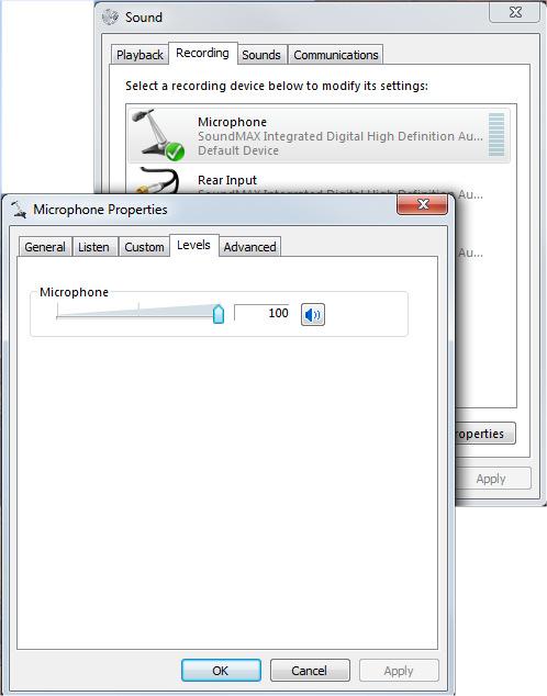 Windows record volume control is accessed through the Control Panel s Hardware and Sound icon. The following instructions are for Windows 7. Other versions of Windows and soundcards may vary.
