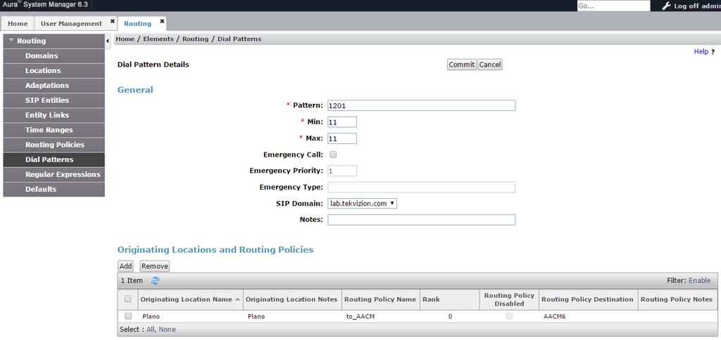 4.3.4 Dial Patterns 4.3.4.1 Routing Policy to Avaya SBCe Create a dial pattern to route the call to PSTN via Avaya SBCe and link the Routing Policy to Avaya SBCe as shown above.
