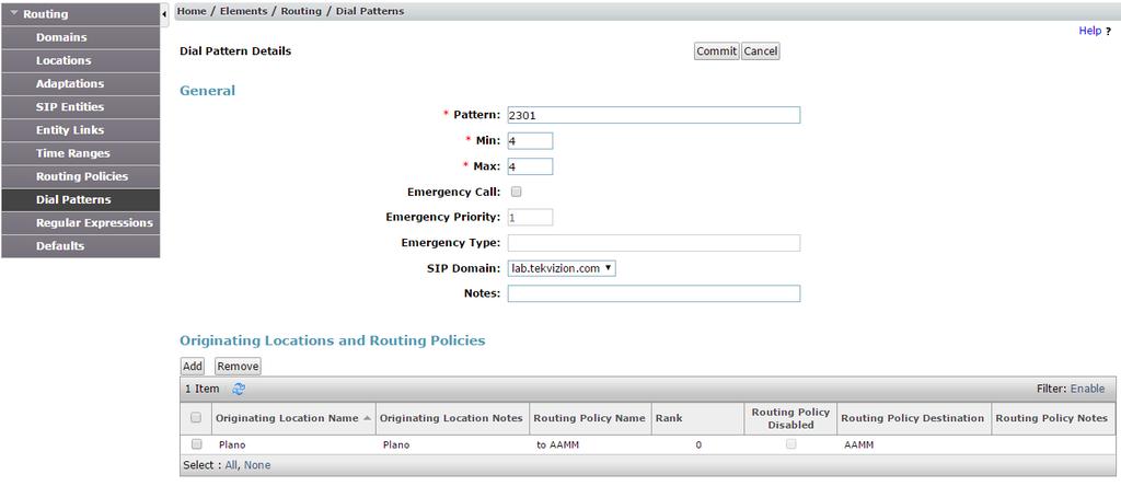 4.3.4.3 Routing Policy to Avaya MM Create a dial pattern to route the