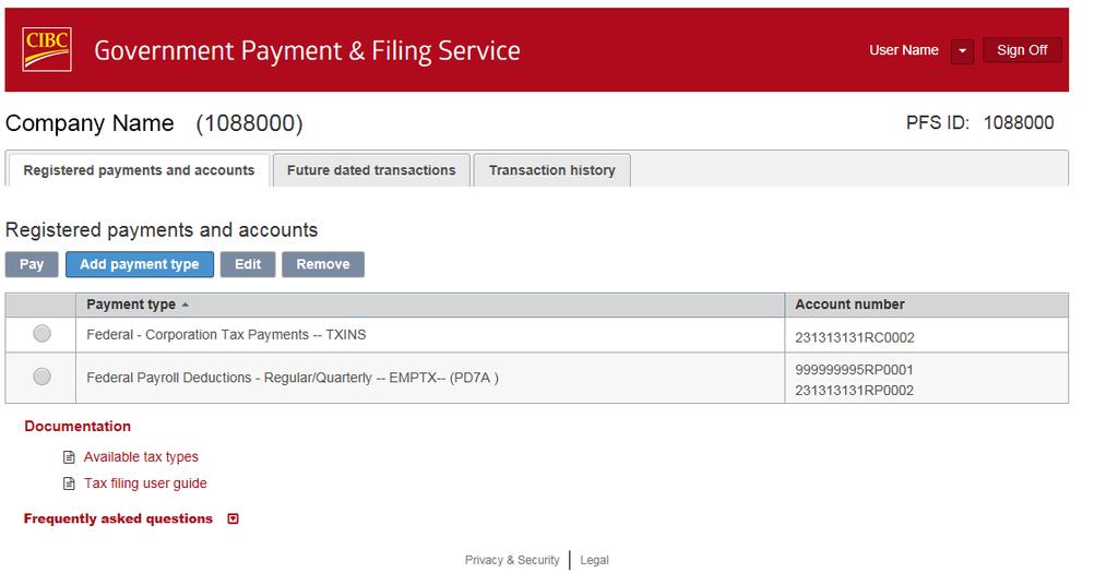 1. From the Registered payments and accounts screen, click on Add Payment Type. 2.