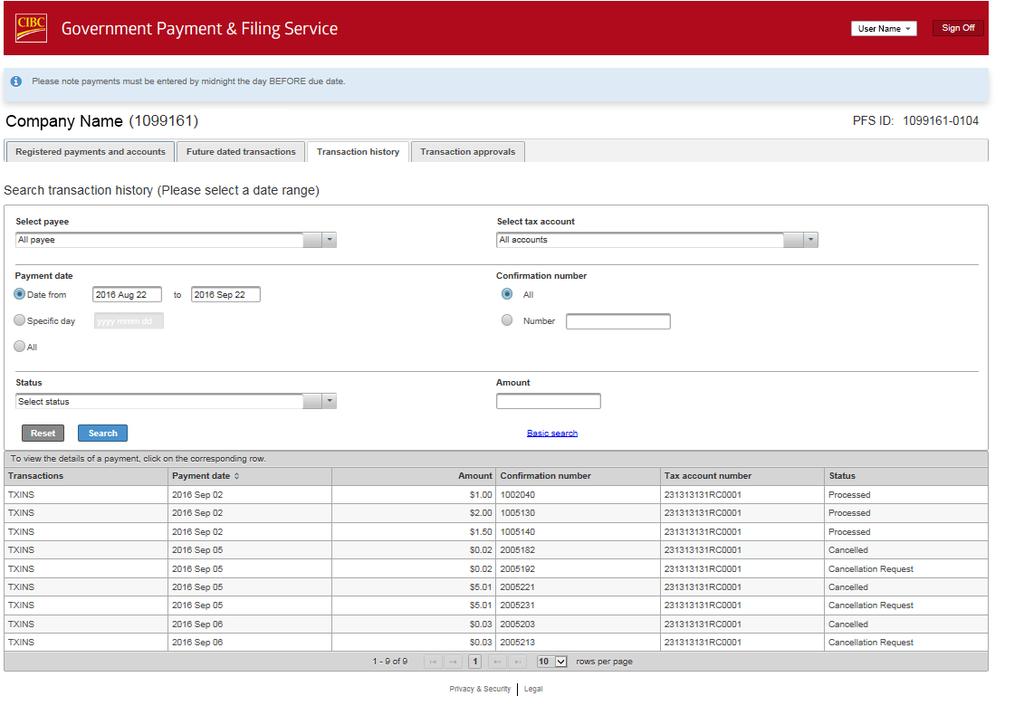 4. A Transaction history screen will appear with the transactions listed.