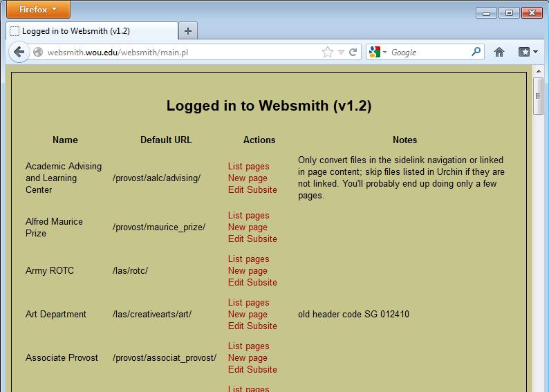 websmith.wou.edu Who to talk to: Once logged in, you will see a list of websites.