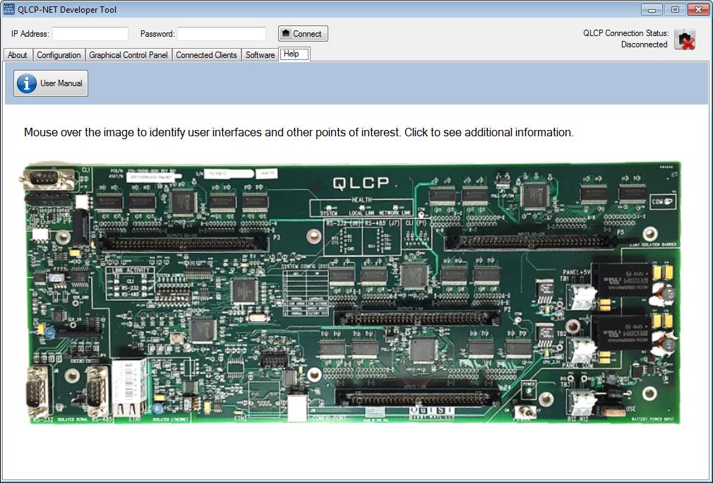 QLCP User Manual Page 45 Help Tab In the QLCP- NET Developer Tool Help tab, you can mouse over the QLCP image to identify user interfaces and other points of