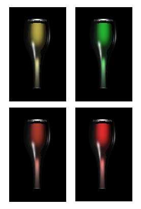 Fig. 6: Bottles of red (top row) and white (bottom row) wine rendered with the spectrum-based approach (left column) and the RGB-based