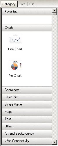 Working in Xcelsius 2008 Tree view In "Tree" view, the components are organized in folders according to their
