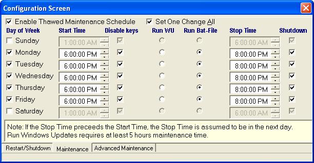 4. Click on the Maintenance tab and place a check in the Enable Thawed Maintenance Schedule check box. Also place a check beside each day you want the Maintenance Schedule to run. 5.
