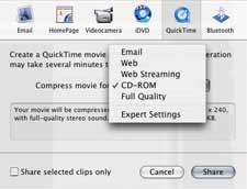 Figure 2. QuickTime drop-down menu After your movie is exported, you will be returned to the main imovie HD screen.