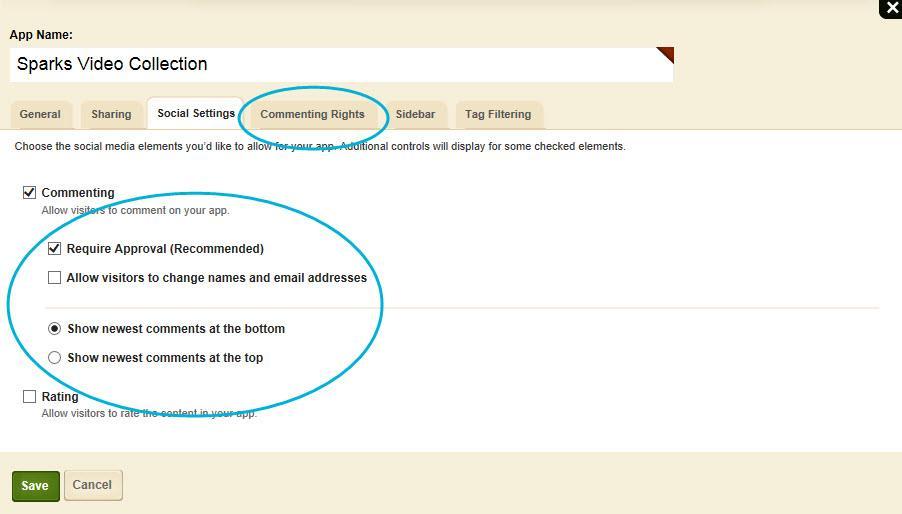 Blackboard Schoolwires Premium Video App When you activate the Commenting check box, two additional check boxes, two radio buttons and the Commenting Rights tab display.