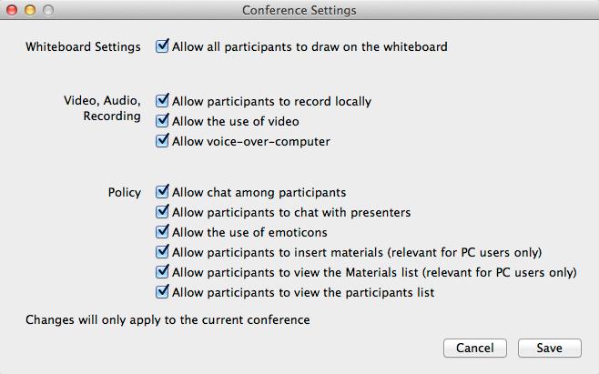 To play back the conference, click Open Recorded Conferences in the File menu, click on the recording in the Mac finder, and then click the Play button in the Playback panel.