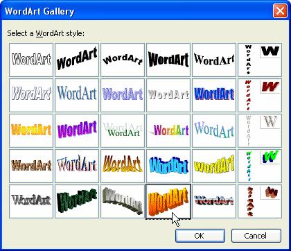 The WordArt Gallery dialog box appears, as shown in Figure 5-16. The WordArt Gallery displays the various formats you can apply to your text. Inserting a WordArt Object 3.