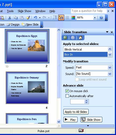 Chapter Seven: Delivering Your Presentation 159 Lesson 7-2: Using Slide Transitions Hide Slide Summary Slide Slide Transition New Slide Figure 7-3 The Slide Sorter toolbar.