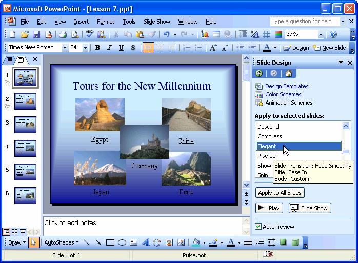 160 Microsoft PowerPoint 2003 Figure 7-6 An animation scheme adds a preset visual effect to the text on a slide. Figure 7-7 Select an animation scheme from the PowerPoint 2003 task pane. 6.