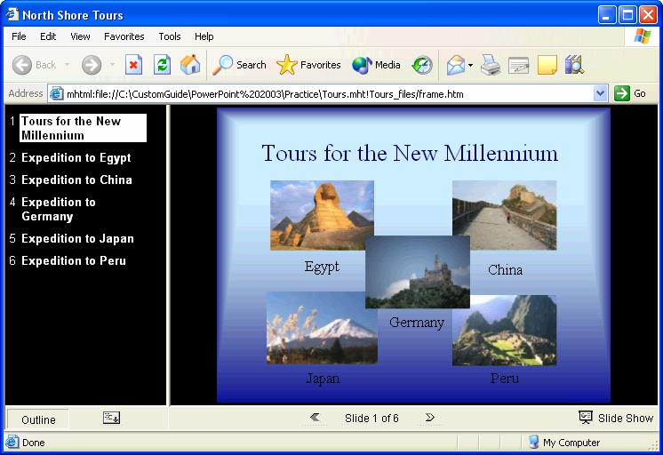 196 Microsoft PowerPoint 2003 Click the slide you want to view in the Navigation frame. Show/hide the outline. Figure 9-19 Expand/collapse the outline.