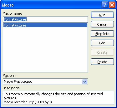 212 Microsoft PowerPoint 2003 Figure 10-18 The Macro dialog box. Figure 10-19 Editing a macro in the Microsoft Visual Basic Editor.